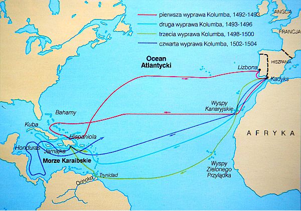 mapa wypraw i odkryć Krzysztofa Kolumba